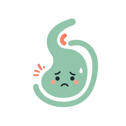 Pip the stomach mascot, anxious expression