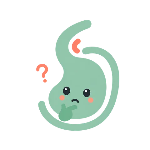 Pip the stomach mascot, thinking expression